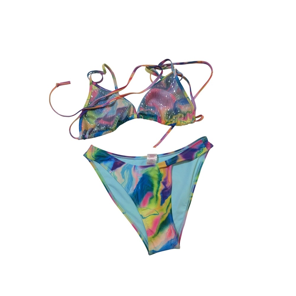 No Boundaries Sequin Marble Swirl Bikini Set Multicolor XL Top L‎ Bottom NEW